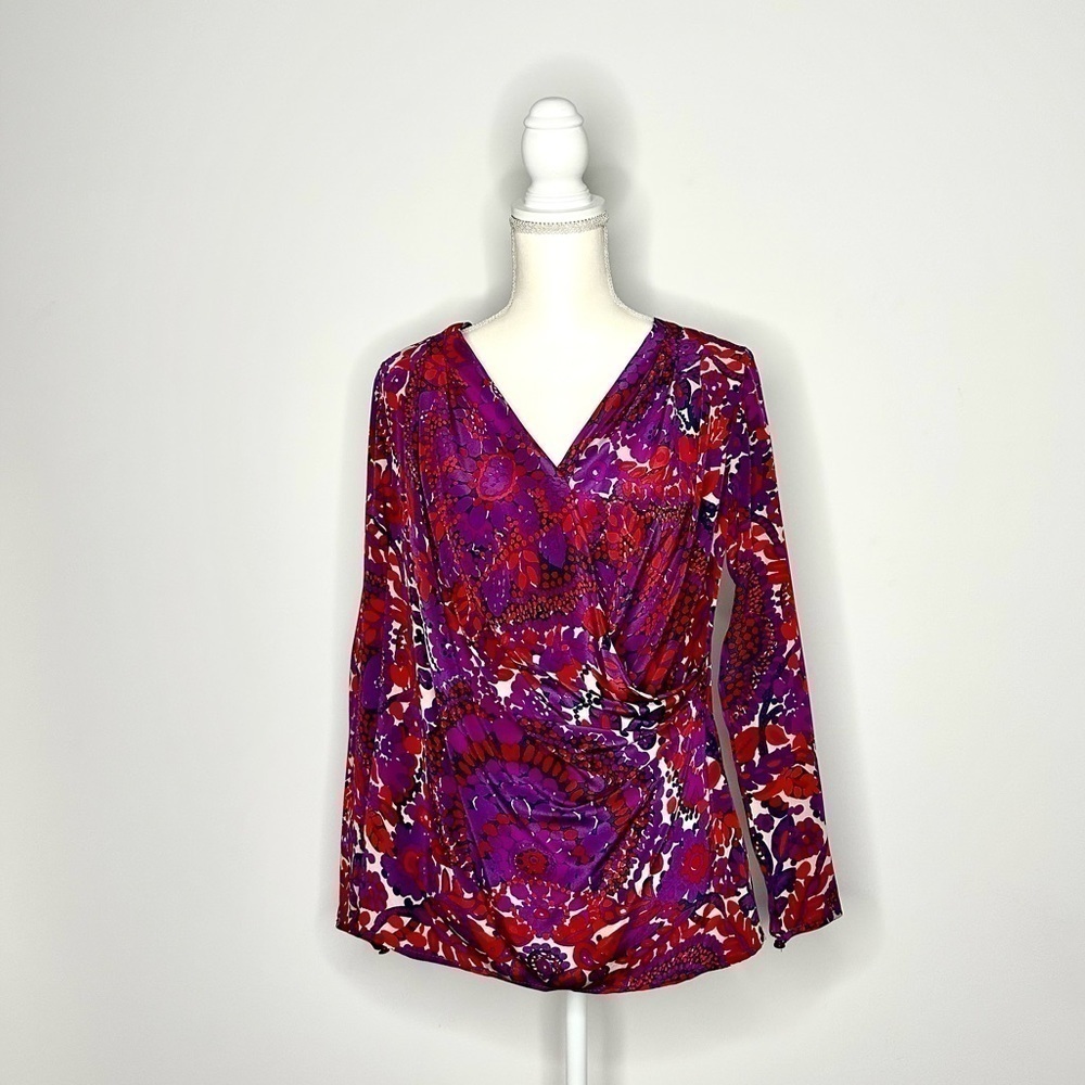 Trina Turk Floral Faux Wrap 100% Silk Surplice Blouse Top Red and Purple in M